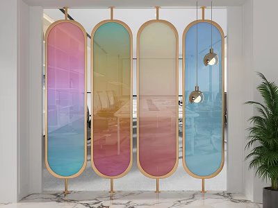 Color Gradient Oval Screens With Wooden Frames In Modern Interior 3d model