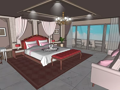 Hotel Room With Red Headboard Large Bed White Bedding Pink Pillows Large Windows And Chandelier 3d model