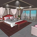 Hotel Room With Red Headboard Large Bed White Bedding Pink Pillows Large Windows And Chandelier