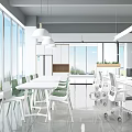 Modern Public Office Space Featuring White Desks Ergonomic Chairs Computers Green Wall Decor Natural Lighting
