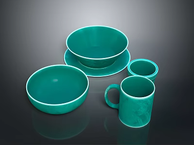 Teal Colored Dinnerware Set Including Bowls Plate And Mugs For Home Daily Use 3d model