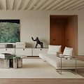 Modern Bright Living Room With White Furniture Glass Coffee Table Green Painting And Wooden Beams