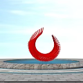 Road Facility Red Spiral Sculpture in Water Pool With Stone Platform and Paved Ground