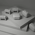 Colorful Cube Shaped Mini Speakers Pink White Blue On White Step Platform Light Grey Background