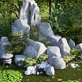 Lush Courtyard Garden With Large Landscape Rocks Green Plants Stone Lantern And Lawn