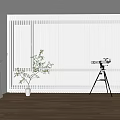 White Blinds In Bright Room With Wooden Floor Fireplace Potted Plant And Telescope Tripod