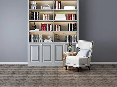 Modern Bookshelf Interior With Books Decorative Pieces Side Table And White Armchair 3d model