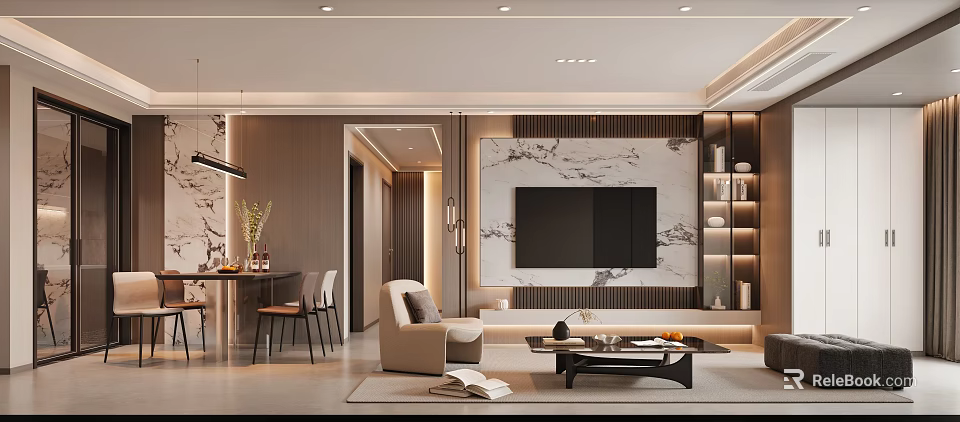 Modern Living And Dining Room Interior With Marble Accent Wall Sofa Coffee Table And Dining Set 3d model