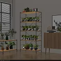 Modern Multi-tier Metal Shelves with Wooden Boards Holding Green Plant Pots for Indoor Decor