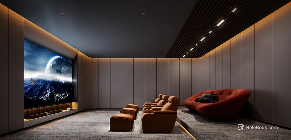Modern Home Theater Interior Design With Large Screen Comfortable Seating And Ambient Lighting 3d model 