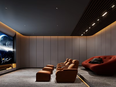 Modern Home Theater Interior Design With Large Screen Comfortable Seating And Ambient Lighting 3d model
