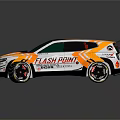 Sporty Race Car With White Yellow Orange Design Rear Spoiler Flash Drama And Sponsor Logos