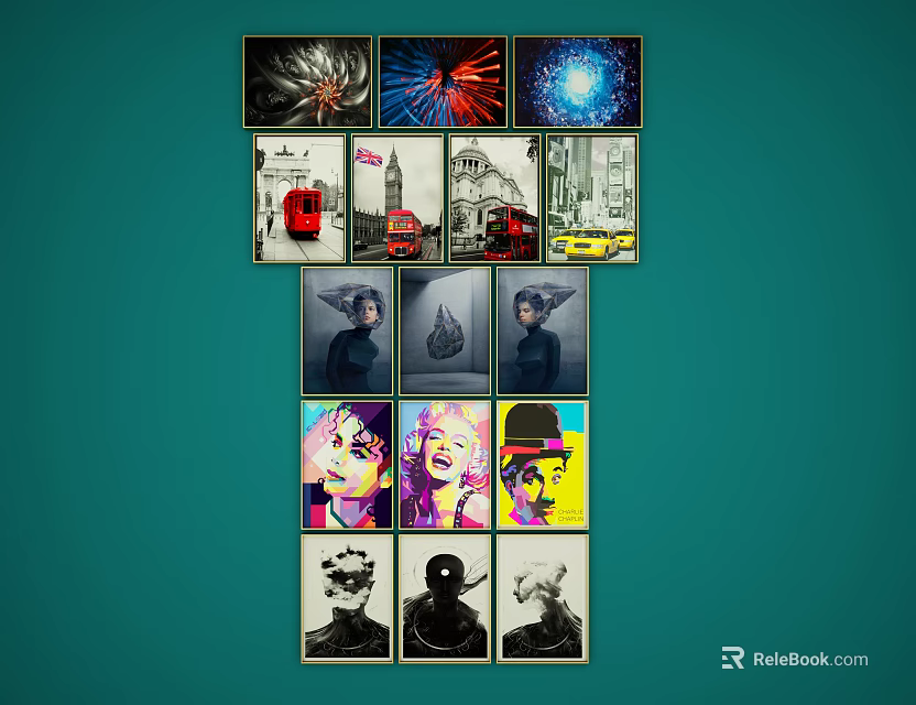 Diverse Portrait Paintings with Colorful Black White Styles and Urban Elements Arranged in Pyramid Structure 3d model 