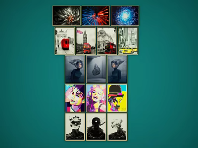 Diverse Portrait Paintings with Colorful Black White Styles and Urban Elements Arranged in Pyramid Structure 3d model