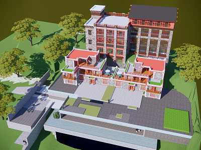 Traditional Multi story Boutique Guesthouse With Red Roofs And Green Trees 3d model