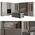Stylish Gray Kitchen Cabinets In Modern Interior With Glass Door Marble Countertop And Central Island