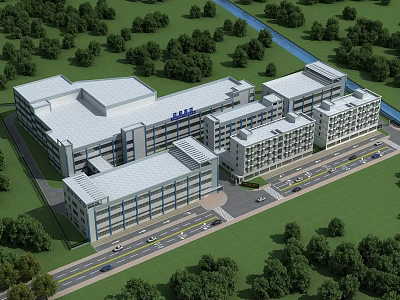 Modern Industrial Factory Buildings With Surrounding Greenery River And Roads 3d model