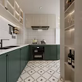 Modern Kitchen Interior With White And Green Cabinets Washing Machine Refrigerator And Tiled Floor