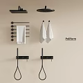 Black Bathroom Shower System With Overhead Head Handheld Sprayer Towel Rack And White Towels