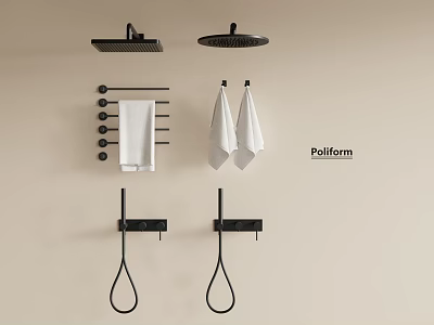 Black Bathroom Shower System With Overhead Head Handheld Sprayer Towel Rack And White Towels 3d model