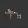 Wooden Dining Table with Books Lamp Cup and Chair on Wooden Parquet Floor