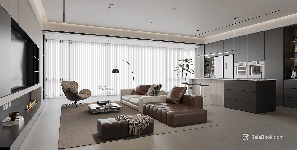 Modern Living Dining Room Interior With Brown Sofa Ottoman Coffee Table Floor Lamp And Plant 3d model 