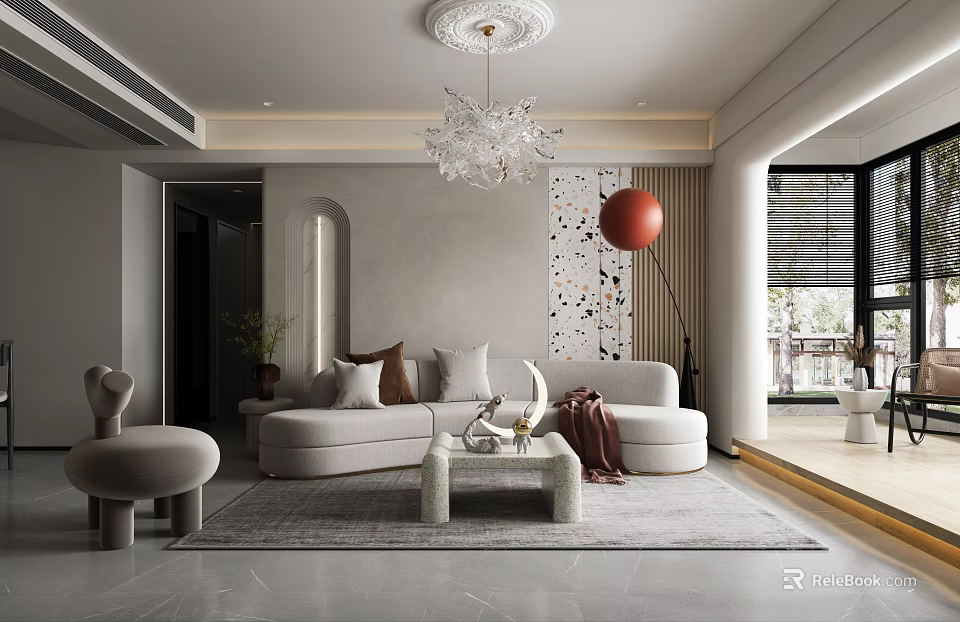 Modern Living And Dining Room With Gray Sofa Crystal Pendant Light And Red Floor Lamp 3d model 