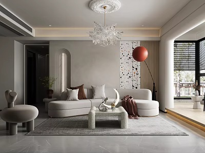 Modern Living And Dining Room With Gray Sofa Crystal Pendant Light And Red Floor Lamp 3d model