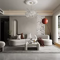 Modern Living And Dining Room With Gray Sofa Crystal Pendant Light And Red Floor Lamp