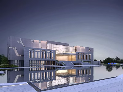 Modern Museum Building with Geometric Exterior Glass Curtain Walls and Water Pool Reflection at Twilight 3d model