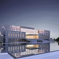 Modern Museum Building with Geometric Exterior Glass Curtain Walls and Water Pool Reflection at Twilight