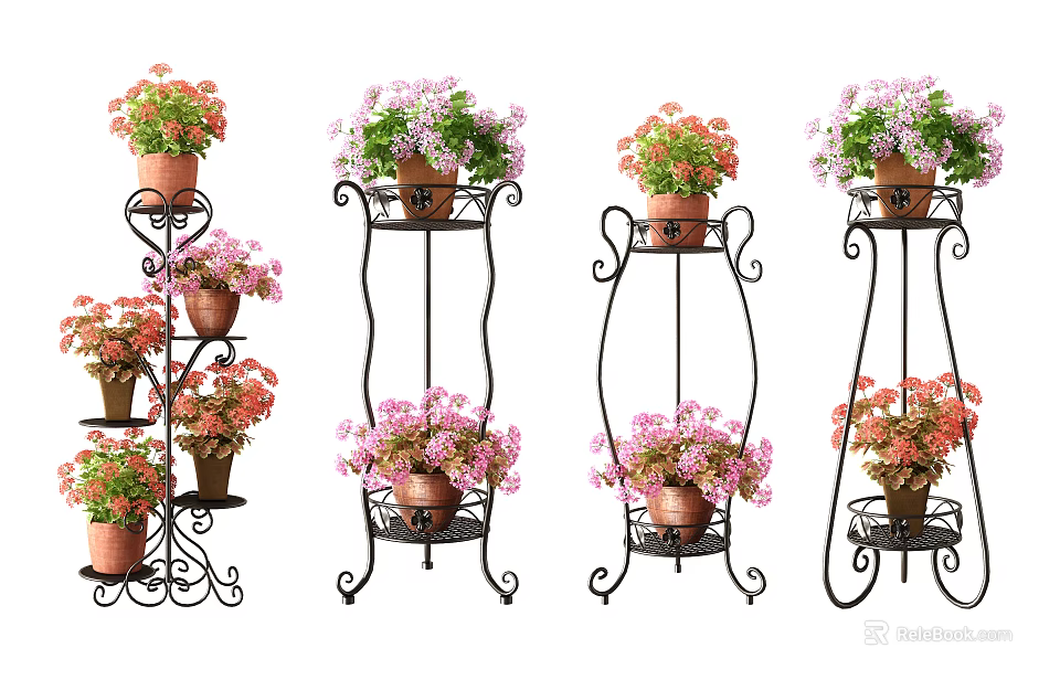 Decorative Iron Plant Stands Holding Colorful Flower Pots With Pink Purple Orange Blooms 3d model 