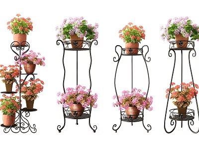Decorative Iron Plant Stands Holding Colorful Flower Pots With Pink Purple Orange Blooms 3d model