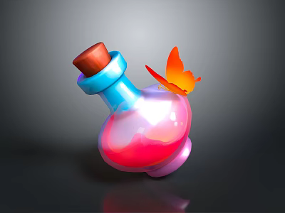 Colorful Magical Bottle With Red Cork Blue Neck And Orange Butterfly 3d model