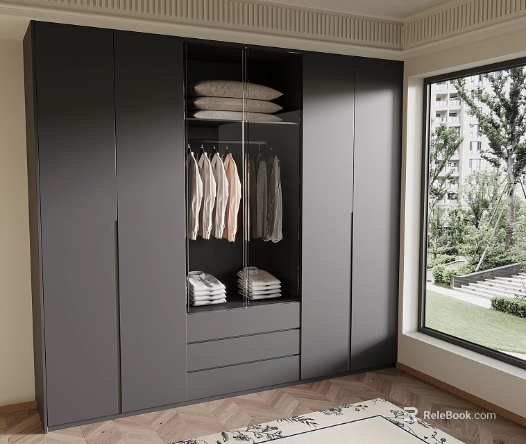 Sleek Dark Gray Wardrobe With Hanging Folded Clothes Drawers And Window 3d model 