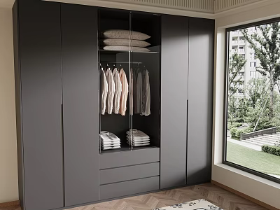 Sleek Dark Gray Wardrobe With Hanging Folded Clothes Drawers And Window 3d model