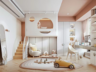 Modern Kids Room Interior With Staircase Circular Decor White Chair Toy Car And Rug 3d model