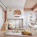 Modern Kids Room Interior With Staircase Circular Decor White Chair Toy Car And Rug