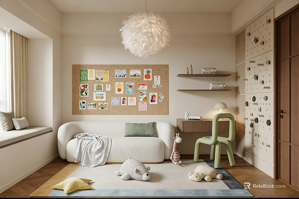 Kids Room Interior Design With Soft Sofa Fluffy Pendant Light Corkboard And Green Chair 3d model 