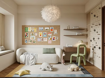 Kids Room Interior Design With Soft Sofa Fluffy Pendant Light Corkboard And Green Chair 3d model