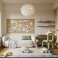 Kids Room Interior Design With Soft Sofa Fluffy Pendant Light Corkboard And Green Chair