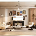 Elegant Living Room Interior With Beige Sofa Coffee Table Fireplace And Gallery Wall