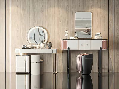 Stylish Modern Vanity With Wooden Wall Mirrors Cabinets And Decorative Items On Sleek Black Floor 3d model