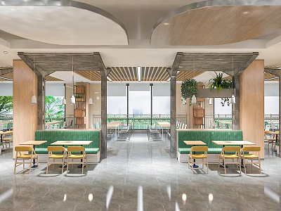 Modern Restaurant Interior With Curved Ceiling Wooden Decor Green Booths And Yellow Chairs 3d model