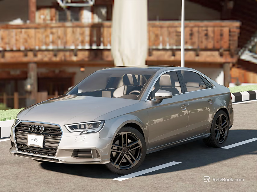 Silver Audi Sedan Parked On Roadside With Wooden Building Background And Alloy Wheels 3d model 
