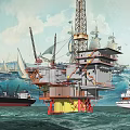 Offshore Oil Drilling Platform With Crane Drilling Tower And Sailing Modern Ships On Ocean Waves