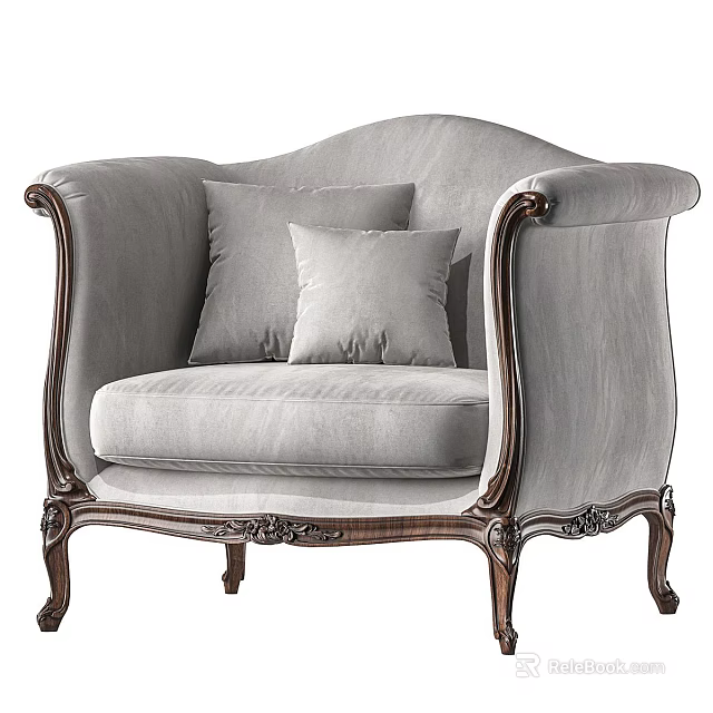 Classical Style Accent Chair With Light Gray Fabric Dark Wooden Carved Armrests And Pillows 3d model 