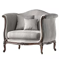 Classical Style Accent Chair With Light Gray Fabric Dark Wooden Carved Armrests And Pillows