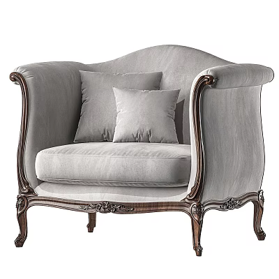 Classical Style Accent Chair With Light Gray Fabric Dark Wooden Carved Armrests And Pillows 3d model