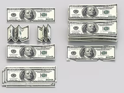 Various Folded and Stacked US Dollar Bills in Different Arrangements 3d model
